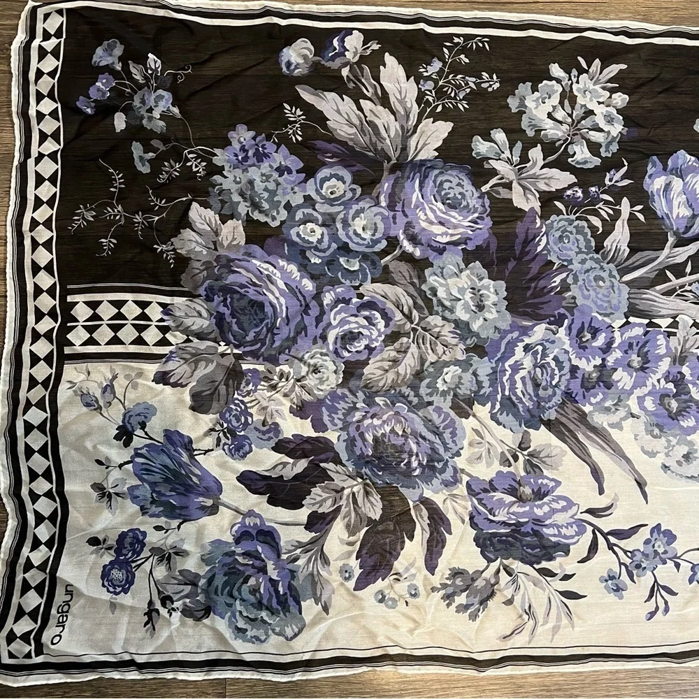 Emanuel Ungaro Vtg Silk Floral Multipurpose Oversized Scarf Wrap Cover Blue Y2K
